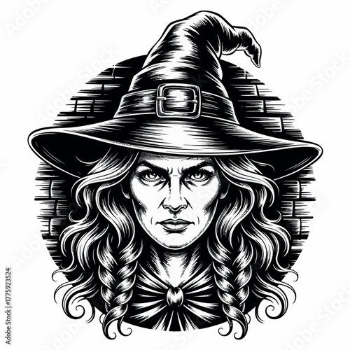 Haunting witch portrait with pointed hat and braids