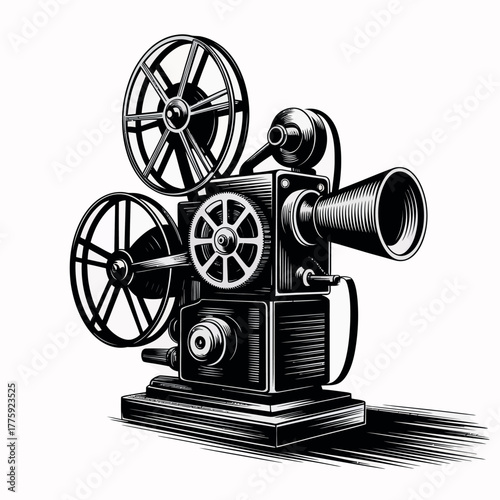 Vintage film projector illustration in black and white