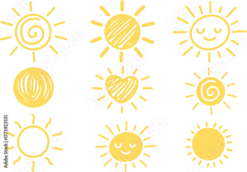 Cute yellow sun doodle icons set, hand drawn sunshine, smiley sun and heart sun sketches for kids design.