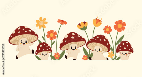 Charming illustration of playful anthropomorphic mushrooms with smiling faces surrounded by an array of colorful wildflowers.