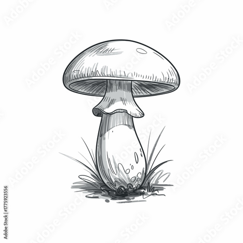 Hand drawn sketch of a single mushroom growing in grass