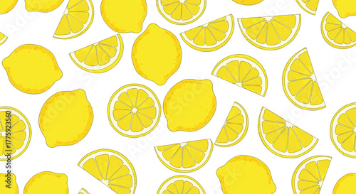 A vibrant and fresh seamless pattern of whole yellow lemons, half lemons, and lemon slices on a clean white background, perfect for summer designs.