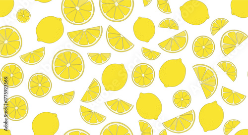 A vibrant and fresh seamless pattern featuring various whole lemons and cut lemon slices scattered on a white background, perfect for a summer design.