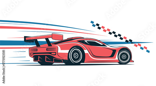 High speed red sports car illustration with motion blur and checkered flag details designed for racing themed vector art