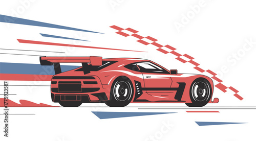 Dynamic illustration of a red sports car racing with motion blur and checkered flag accents perfect for automotive vector art motorsport posters racing design and speed themed creative projects