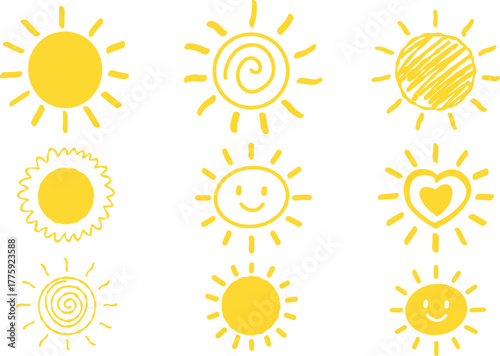 Cute yellow sun doodle icons set, hand drawn sunshine, smiley sun and heart sun sketches for kids design.