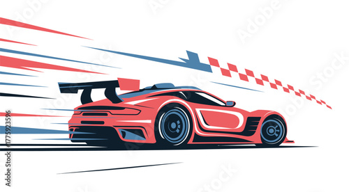 Red sports car racing illustration with dynamic motion blur effects and checkered flag elements ideal for automotive artwork motorsport posters vehicle graphics and high speed racing design projects