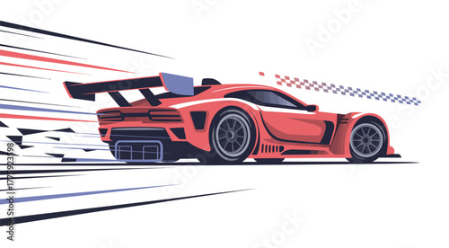 Racing themed illustration featuring a red sports car in motion with blur effects and checkered flag accents perfect for automotive vector design motorsport graphics and dynamic speed artwork