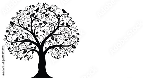 Decorative black silhouette of a stylized tree with a round canopy, intricate swirling branches, leaves, and perching birds.