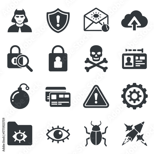 Cybersecurity and internet security icons representing threats and protection