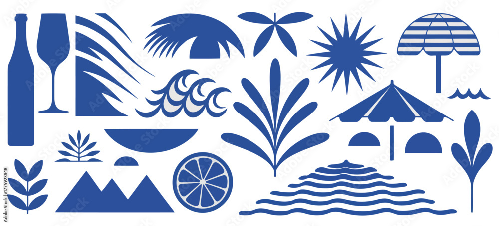 Obraz premium Blue Abstract Summer Beach Elements on White Background vector illustration
