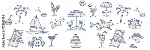 Beach vacation icons including palm trees sailboat drinks crab shark deck chairs and cake holiday summer