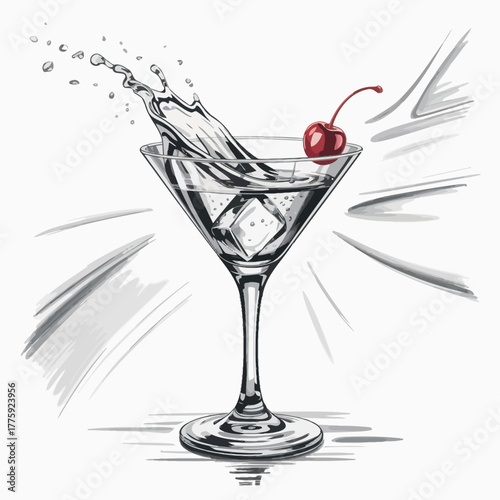 Martini glass with splashing liquid and cherry garnish sketch