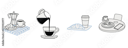 Breakfast Icons with Coffee and Croissants on White Background moka pot