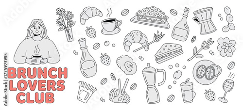 Brunch Lovers Club Illustration with Woman Coffee Croissants and Food Items vector
