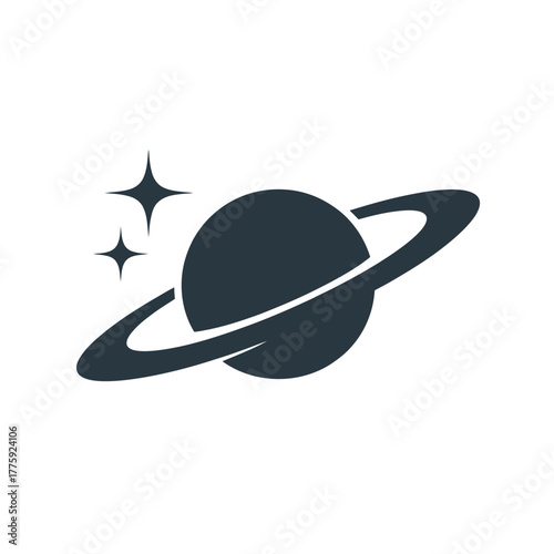 Stylized planet with rings and stars icon in dark gray