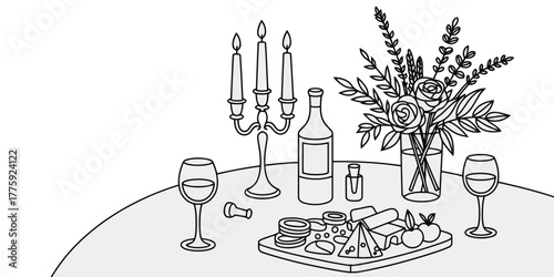 Elegant line art of a wine and cheese spread with candles and flowers grapes crackers