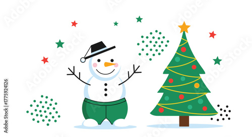A cheerful snowman in green pants and a black hat stands next to a decorated Christmas tree with a star on top, surrounded by festive red and green stars and dots.