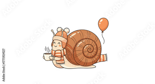 A cute cartoon snail, warmly dressed in a winter hat and scarf, happily sips a hot drink while carrying a festive orange balloon.