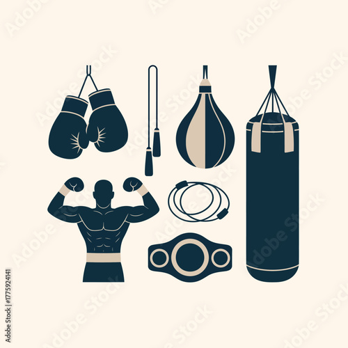 Boxing equipment and athlete silhouette collection
