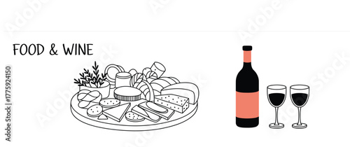 Food and Wine Platter with Cheese, Bread, and Wine Bottle with Glasses vector illustration