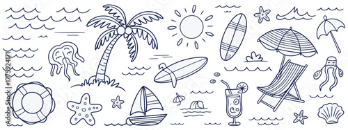 Hand Drawn Beach and Summer Vacation Icons with Ocean and Sun Keywords: beach, summer, vacation, ocean, sea, waves, sun, palm tree, surfboard
