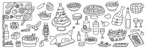 Hand Drawn Christmas Holiday Food and Decorations with Festive Elements celebration turkey