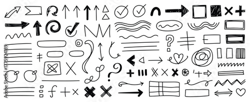 Hand Drawn Doodle Arrows Checkmarks Crosses Lines and Geometric Shapes Keywords: doodle, hand drawn, arrow, checkmark, cross, line, shape