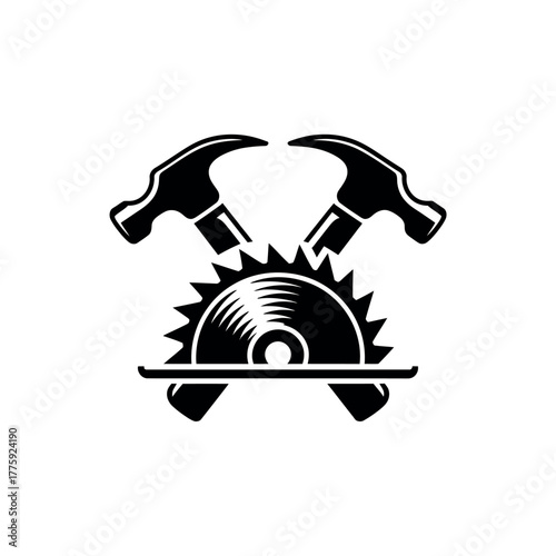 Crossed hammers and circular saw blade emblem for construction and craftsmanship