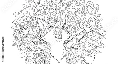 Cheerful fox stretching and yawning in detailed line art, surrounded by intricate leaves, berries, and swirling patterns, ideal for coloring.