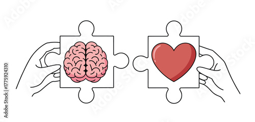 Hands Holding Puzzle Pieces With Brain And Heart Symbols On White Background jigsaw connection