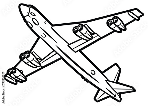 Black and white cartoon illustration of airplane
