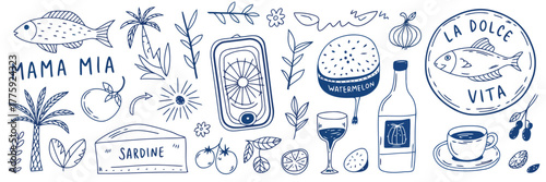 Italian Food and Drink Doodle Collection Mama Mia La Dolce Vita Sardine fish palm tree