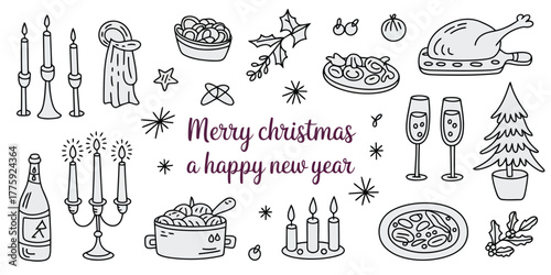 Merry Christmas And Happy New Year Doodle Art With Turkey, Candles, Champagne And Tree holiday celebration