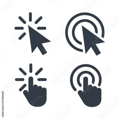 Set of four dark gray click icons including mouse cursor and hand pointer