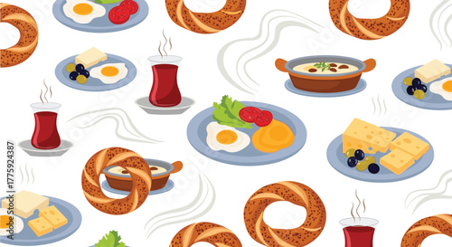Seamless pattern featuring traditional Turkish breakfast foods like simit, tea, eggs, cheese, and olives on a white background.
