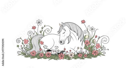 Gentle white horse with its eyes closed, napping quietly in a blooming garden of soft pastel flowers and swirling green vines.