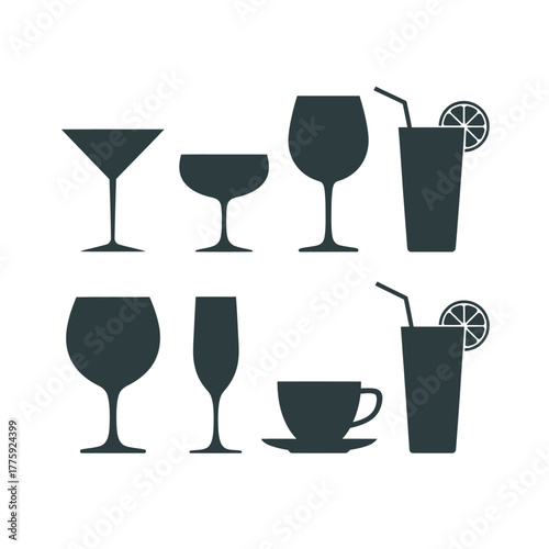 Collection of silhouetted drinkware and beverage glasses on white background