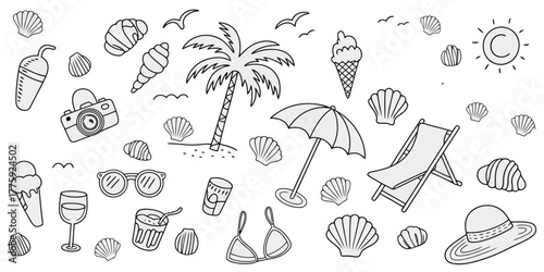 Summer Beach Vacation Doodle Elements with Palm Tree Sun Umbrella and Ice Cream vector illustration