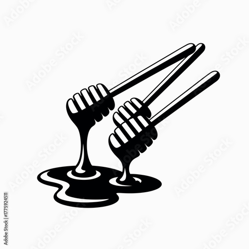 Three black honey dippers dripping sweet honey