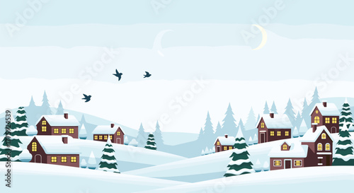 Idyllic winter village landscape with cozy snow-covered houses, evergreen trees, and flying birds under a twilight sky.