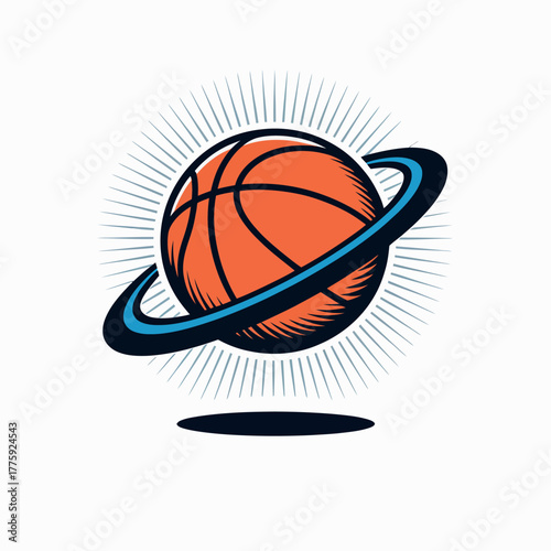 Basketball planet with ring and sunburst effect