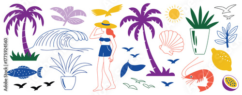 Tropical Beach Scene with Woman Palm Trees and Ocean Elements Keywords: summer, tropical, beach, palm tree, sun, ocean, wave, woman, hat, bird