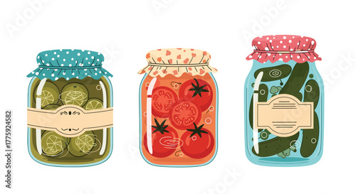 An artistic illustration featuring a trio of beautifully preserved jars, showcasing pickled limes, tomatoes, and cucumbers, each with a charming fabric lid.