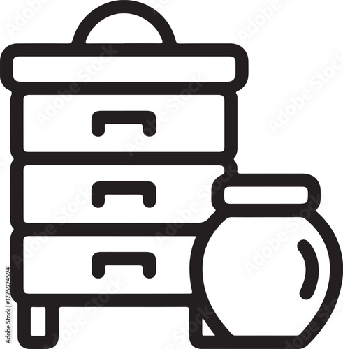 Simple line art icon of a beehive and honey jar