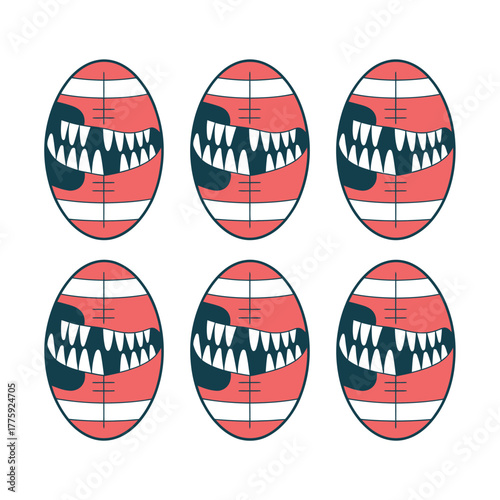 Six cartoon easter eggs with scary monster teeth and red stripes