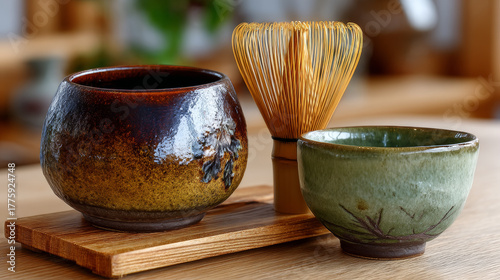 Ceramics and whisk are carefully arranged, exuding peacefulness and simplicity, perfect for appreciating essence of Japanese tea ceremony tradition