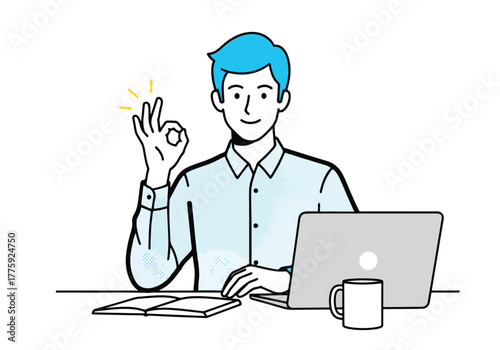 Man giving okay gesture working on laptop with coffee mug and papers - Flat Vector Illustration. Colored vector illustration