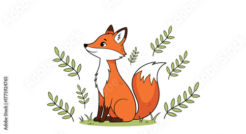 Adorable illustration of a charming orange fox with a fluffy white tail, sitting peacefully amidst whimsical green foliage.