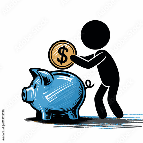 Stick figure saving money by putting coin into piggy bank